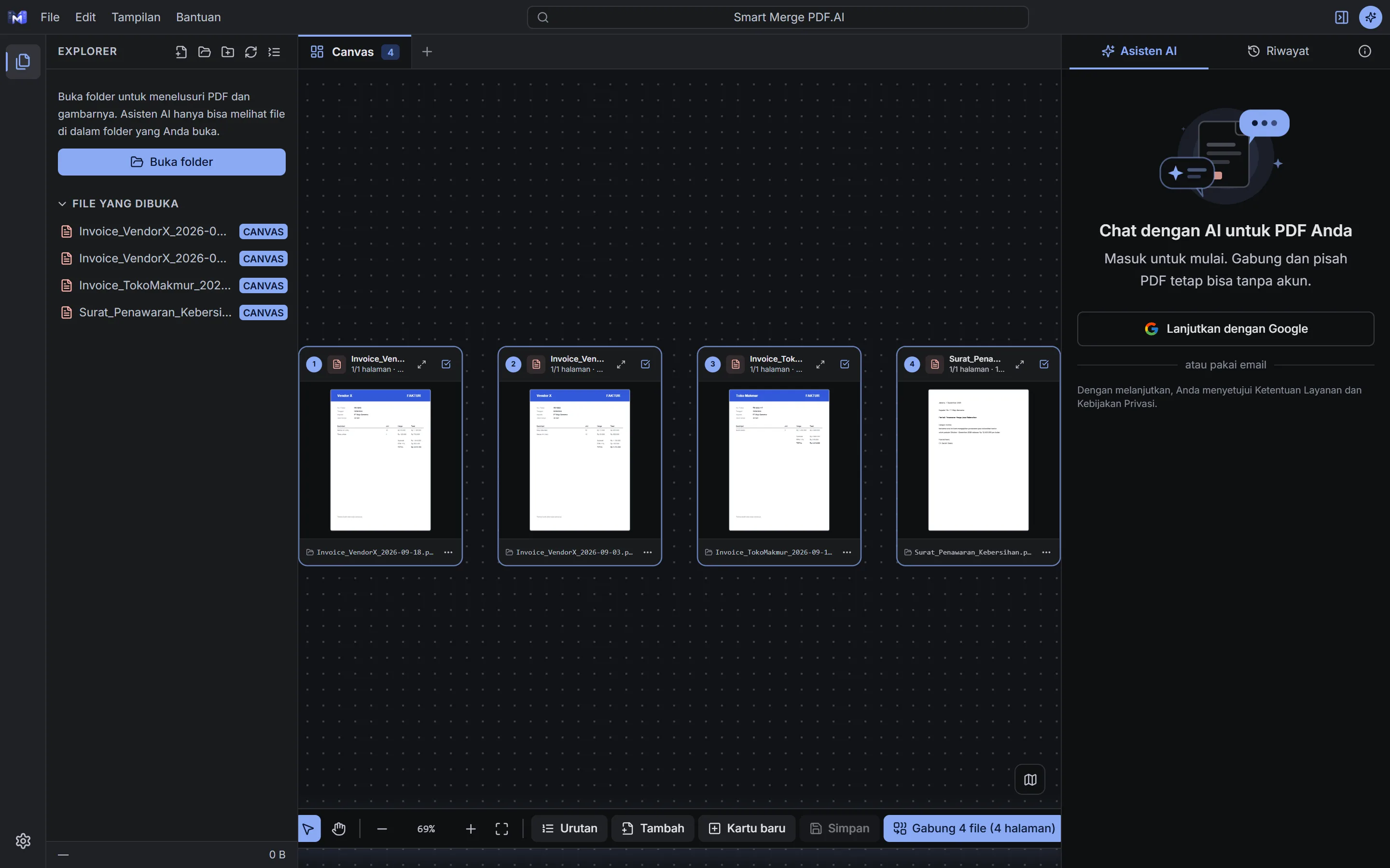 Tampilan Smart Merge PDF: kanvas berisi beberapa faktur siap digabung, explorer folder di kiri, dan asisten AI di kanan
