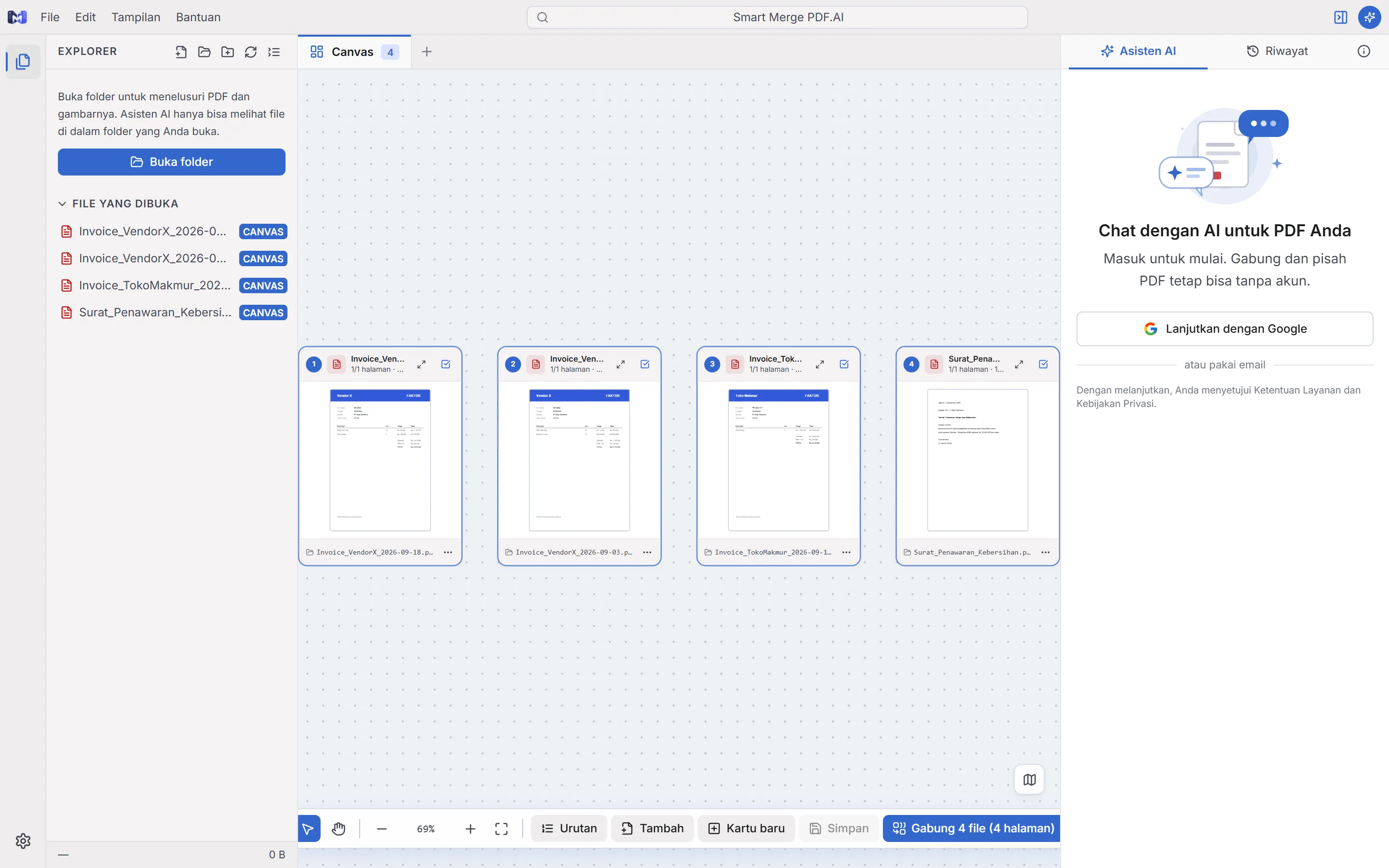 Tampilan Smart Merge PDF: kanvas berisi beberapa faktur siap digabung, explorer folder di kiri, dan asisten AI di kanan